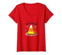 Sweet & Colorful Candy Corn Halloween Treat V-Neck T-Shirt, Women, Red, M