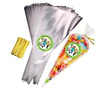 Sweet Cone Bags with Coloured Ties | Triangle Clear Cellophane Bags | Food Sweet Candy Popcorn Snacks | Brithday Baby Shower Fayres Events Festivals (Mining, 50 Set)