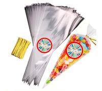 Sweet Cone Bags with Coloured Ties | Triangle Clear Cellophane Bags | Food Sweet Candy Popcorn Snacks | Brithday Baby Shower Fayres Events Festivals
