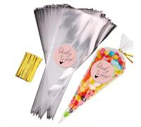 Sweet Cone Bags with Coloured Ties | Triangle Clear Cellophane Bags | Food Sweet Candy Popcorn Snacks | Brithday Baby Shower Fayres Events Festivals (Ready to Pop Pink, 10 Set)