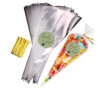 Sweet Cone Bags with Coloured Ties | Triangle Clear Cellophane Bags | Food Sweet Candy Popcorn Snacks | Brithday Baby Shower Fayres Events Festivals (Ready to Pop Sage, 30 Set)