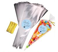 Sweet Cone Bags with Coloured Ties | Triangle Clear Cellophane Bags | Food Sweet Candy Popcorn Snacks | Brithday Baby Shower Fayres Events Festivals - Set of 10 with Ready to Pop Blue Stickers