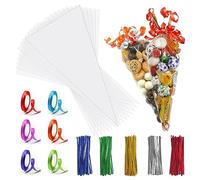 Sweet Cone Bags with Twist Ties and Ribbons, 100Pcs Cellophane Crystal Clear Sweet bags, Triangle Sweet Party Cones Bags Perfect for Halloween, Christmas and many more (16x30cm - Pack of 200)