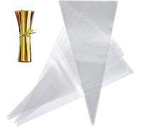 Sweet Cones Bags,100 PCS Clear Cellophane Cone Bag Triangle Treat Bags with Gold Twist Ties Popcorn Bags for Candies Handmade Cookies Party Christmas Festivals 13 * 25cm