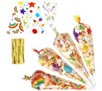 Sweet Cones Cellophane Bags with Gold Twist Ties,200PCS Triangle Rainbow Clear Cone Bags,For Sweets Candy Cookie Popcorn,For Birthday Party Wedding Baby Shower,Party Favor Supplies,Halloween,Christmas