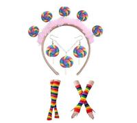 Sweet Costume Accessories Set Lollipop Headband Rainbow Knees High Socks Candy Christmas Outfits For Birthday Parties Lollipop Costume Set Fingerless Gloves Lollipop Earrings Necklace For Party