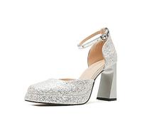 Sweet Cute Mary Jane Low Cut Pumps for Women - Elegant Bridal Wedding Shoes, Non-Slip High Heels for Prom Night,Silver,3 UK
