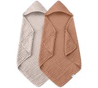 SWEET DOLPHIN Muslin Hooded Baby Bath Towels - 2 Pack 100% Cotton Towel for Babies, Infants, Toddlers - 32x32Inch - Highly Absorbent and Newborn Essential, Light Bean Paste