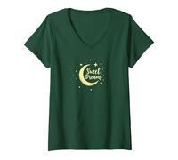 Sweet Dreams Moon Stars V-Neck T-Shirt, Women, Forest Green, L