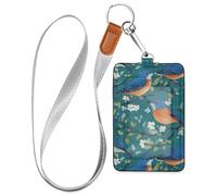 Sweet Eastern Blue Birds Teal White Cherry Blossom Leather Work id Badge Holder with Lanyard and 3-Card Capacity id Card Holder for Office Worker Nurse Teacher Student