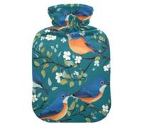 Sweet Eastern Blue Birds Teal White Cherry Blossom Travel hot Water Bottle with Soft Cover, 1L Water Bags for Hand Feet Warmer, Menstrual Cramps, Bolsa de calor para Dolor Menstrual