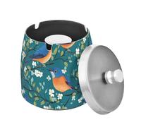 Sweet Eastern Bluebird Birds Teal Stainless Steel Unique Smokeless Home Ashtray with Lid for Indoor Outdoor Patio Table Covered Ashtray Bucket for Men Women