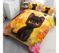 Sweet Flower Field Black Cat Bedding Set, 3D Printed Cartoon Kitten Pattern Duvet Cover, Cheerful Pet Bedroom Decor 220x230cm