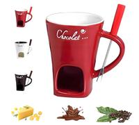 Sweet Fondue Cup, Ceramic Chocolate Melting Cups Tealight with Fork, Mini Portable Chocolate Fondue Mug Set Without Tealights, for Date Night, Birthday, Family Gatherings (Red)