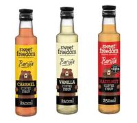 Sweet Freedom Barista Starter Trio 250 ml - Vanilla, Caramel & Hazelnut Vegan Coffee Syrups Naturally Sweetened with Fruits for Lattes, Iced Coffee & Hot Drinks (Pack of 3)