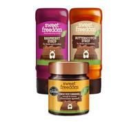 Sweet Freedom Biscuit Dodger Bundle - Refined Sugar Free Choc Pot Caramel, Raspberry Syrup and Butterscotch Syrup for Drinks and Desserts, Vegan (Pack of 3)
