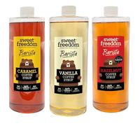 Sweet Freedom Coffee Indulgence Trio 1 litre - Caramel, Vanilla & Hazelnut Vegan Coffee Syrups Naturally Sweetened with Fruits for Lattes, Iced Coffee & Hot Drinks (Pack of 3)