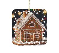 Sweet Gingerbread House Ceramic Christmas Ornament Xmas Tree Hanging Pendant Double Sided Pattern Festive Square Ornament Holiday Home Party Decoration Gifts