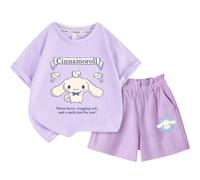 Sweet Girls Cute Short Sleeve and Shorts Two Piece Set, Kawaii Cartoon Print Design Girls Casual Suit,Purple 2,130cm