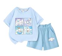 Sweet Girls Cute Short Sleeve and Shorts Two Piece Set, Kawaii Cartoon Print Design Girls Casual Suit,Blue 1,110cm