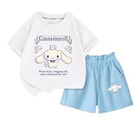 Sweet Girls Cute Short Sleeve and Shorts Two Piece Set, Kawaii Cartoon Print Design Girls Casual Suit,White2,110cm