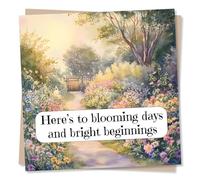 Sweet Good Luck or Encouragement Card For Loved One - Garden, Spring - Here's To Blooming Days And Bright Beginnings - For Friend, Bestie, Relative, Sister, Colleague, Student