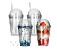 sweet grain Acrylic Tumblers with Dome Lids(4 Pack) - 12oz Pre-Drilled Reusable Clear Plastic Cups with Lids and Straws, Double Wall Snow Globe Tumblers for Pudding/Cupcake/Drinking/Dessert