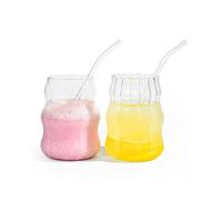 sweet grain Ice Coffee Glass Set of 2, 550 ML Ribbed Glasses Drinking Set, Glass Cups with Straw for Iced Coffee Juice Drink Milk (Mixed)