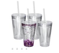 sweet grain Snow Globe Tumblers(4 Pack) - 16oz Double Wall Acrylic Tumblers for Snow Globe Cups with Pre Drilled Hole, Lids, Straws and Hole Stopper, Clear Snowglobe Tumbler