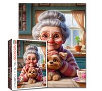 Sweet Grandma with Puppy Jigsaw Puzzles 1000 Pieces Afternoon Tea Time Art Jigsaw Puzzles for Challenging Family Games Cozy Kitchen DIY Handwork Puzzle for Home Wall Decor Gifts 20x27 Inches