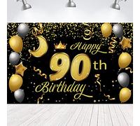 Sweet Happy 90th Birthday Backdrop Banner Poster 90 Birthday Party Decorations 90th Birthday Party Supplies 90th Photo Background for Girls,Boys,Women,Men - Black Gold 72.8 x 43.3 Inch
