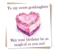 Sweet Happy Birthday Card For Goddaughter - Pink, Cake, Heart - May Your Birthday Be As Magical As You Are - From Godmother, Godfather