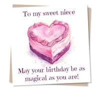 Sweet Happy Birthday Card For Niece - Pink, Cake, Heart - May Your Birthday Be As Magical As You Are - From Aunt, Auntie, Uncle