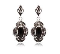 Sweet & Happy Girl's Store 11X26mm Oval Faceted Black Agate Beads Tibetan Silver Marcasite Base Dangle Earrings Jewelry