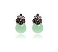 Sweet & Happy Girl's Store 12mm Round Light Green Jade Beads Tibetan Silver Marcasite Base Dangle Stud Hoop Flower Earrings Jewelry