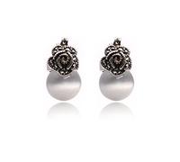 Sweet & Happy Girl's Store 12mm Round White Cat Eye Beads Tibetan Silver Marcasite Base Dangle Stud Hoop Flower Earrings Jewelry