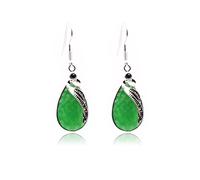Sweet & Happy Girl's Store 14x30mm Drip Green Jade Beads Tibetan Silver Marcasite Base Dangle Earrings Jewelry