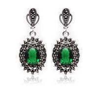 Sweet & Happy Girl's Store 15x20mm Oval Faceted Green Crystal Beads Tibetan Silver Marcasite Base Dangle Stud Hoop Earrings Jewelry