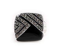 Sweet & Happy Girl's Store 18mm Square Black Agate Beads Tibetan Silver Base Marcasite Ring Send by Random US#6-#9 Women