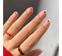 Sweet Heart Tips Press On Nails - Short Almond Shape with Red Heart French Design - 24PCS Full Cover False Nails with Tools for DIY Nail Art
