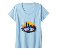 Sweet Home Chicago Skyline Sunset Music Lover Gift V-Neck T-Shirt, Women, Baby Blue, XXL