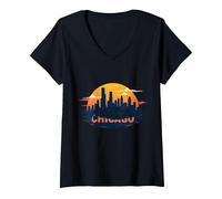 Sweet Home Chicago Skyline Sunset Music Lover Gift V-Neck T-Shirt, Women, Black, L