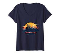 Sweet Home Chicago Skyline Sunset Music Lover Gift V-Neck T-Shirt, Women, Navy, M