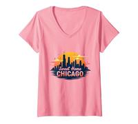 Sweet Home Chicago Skyline Sunset Music Lover Gift V-Neck T-Shirt, Women, Pink, XXL