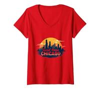 Sweet Home Chicago Skyline Sunset Music Lover Gift V-Neck T-Shirt, Women, Red, M