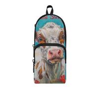 Sweet Home Oil Painting Animal Cow Floral Colorful Nylon 3 Compartments Pencil Bag Case study&multifunctional Pen Pencil Case Stationery Bag for Elementary