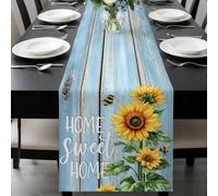 Sweet Home Table Runner 13x48 Inches Long Sunflower Vintage Rustic Lake Blue Stripe Wood Board Cotton Linen Table Runner Burlap Style for Dinner Table Party Decor Tabletop Decorations