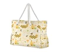 Sweet Honey Pattern Cute Bees Happy Good Luck Sandproof Tote Bag with Zipper with Side Pocketes Personal Item Bag Good for Travel Pool Swim Beach Vacation Necessities