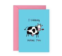 Sweet & Humorous Cow Love Card - I Udderly Adore You - Valentine’s Day or Anniversary Ideas for Partner, Husband, Wife, Boyfriend, Girlfriend, Her, Him, Farmers - Comes with Stickers