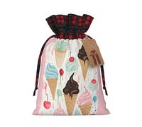 Sweet Ice Cream Christmas Drawstring Linen Gift Bag Paired With Scottish Plaid Fabric, With A Delicate And Simple Texture